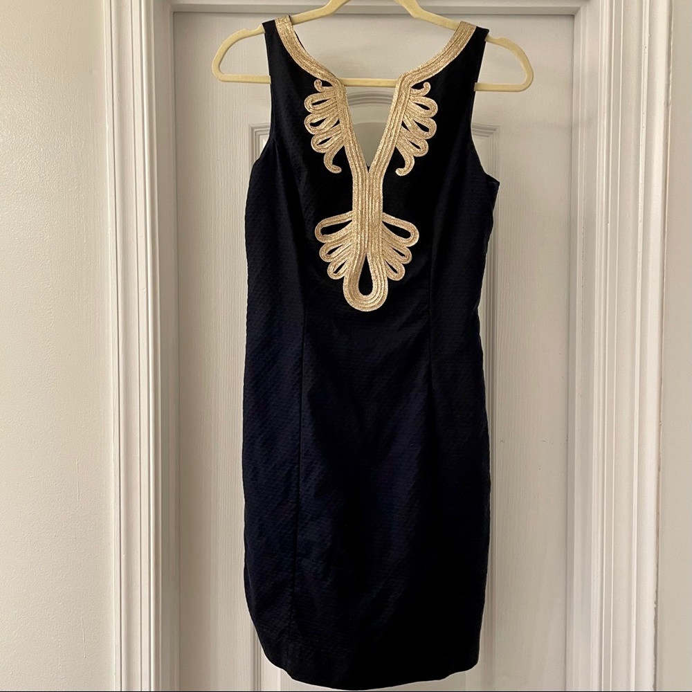 Lilly Pulitzer Navy Gold Janice Shift Dress, sz 2